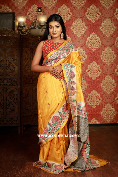 Golden Yellow Color Hand  paint Madhubani Tussar Saree